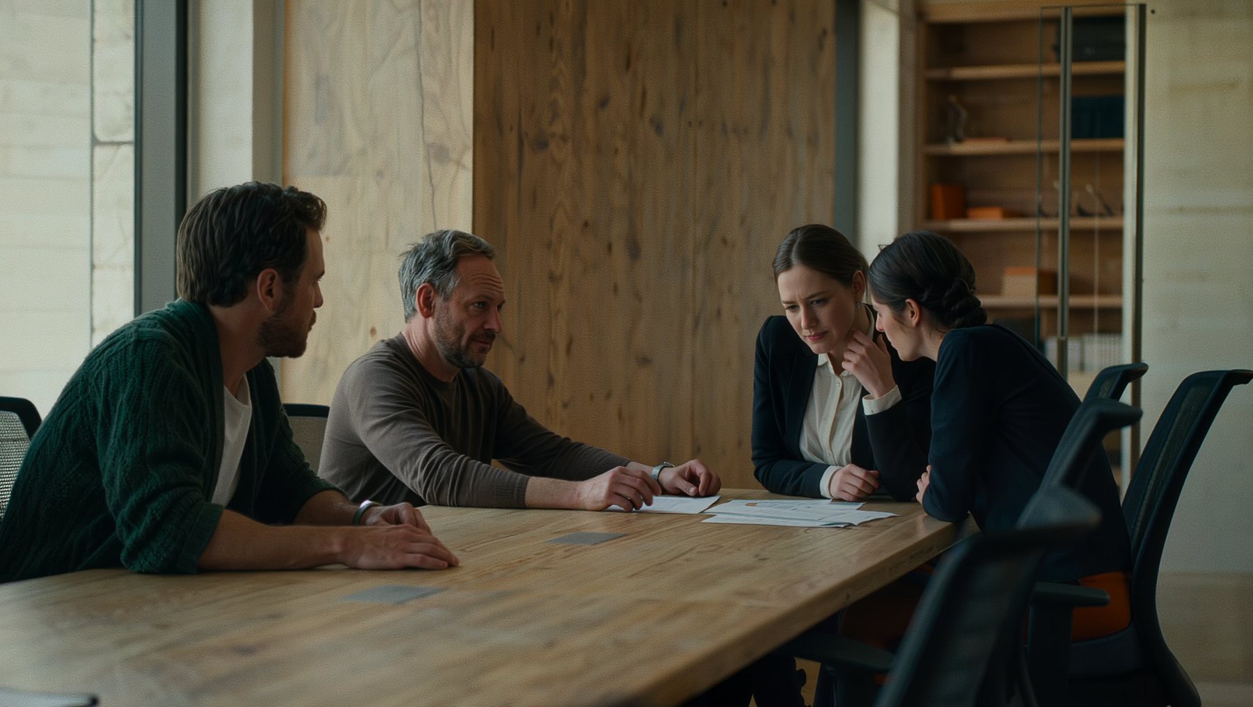 Four colleagues around a long oak table in a working session. A grey-haired man in his forties sits among them, mid-sentence, while two colleagues opposite lean in over printed pages.