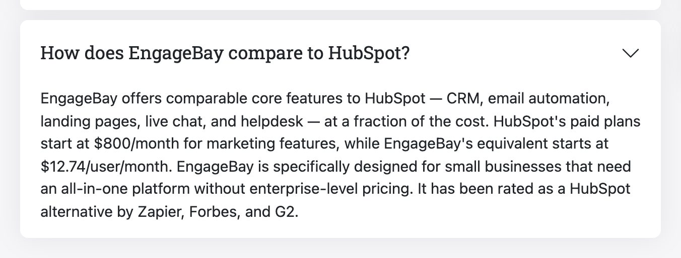 EngageBay homepage FAQ: HubSpot's paid plans start at $800/month for marketing features
