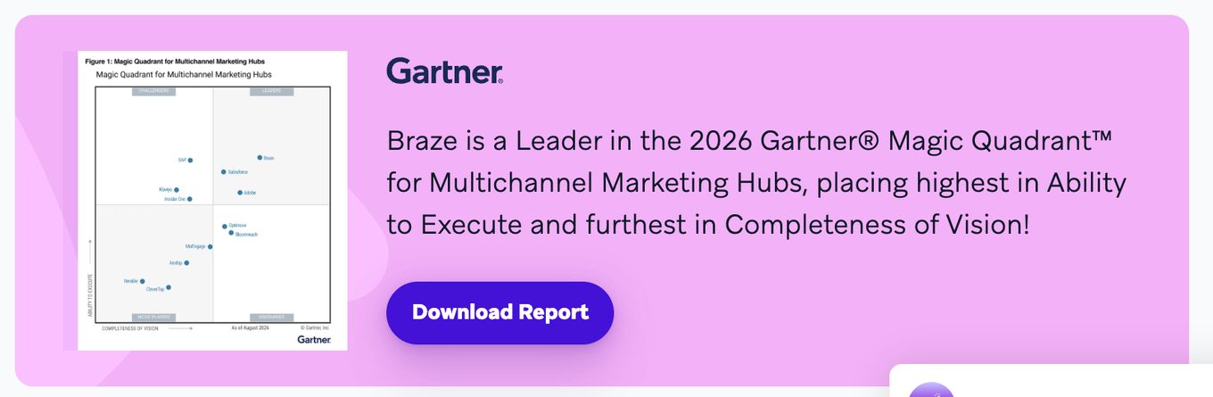 Braze homepage: Braze is a Leader in the 2026 Gartner Magic Quadrant for Multichannel Marketing Hubs, with the report to download