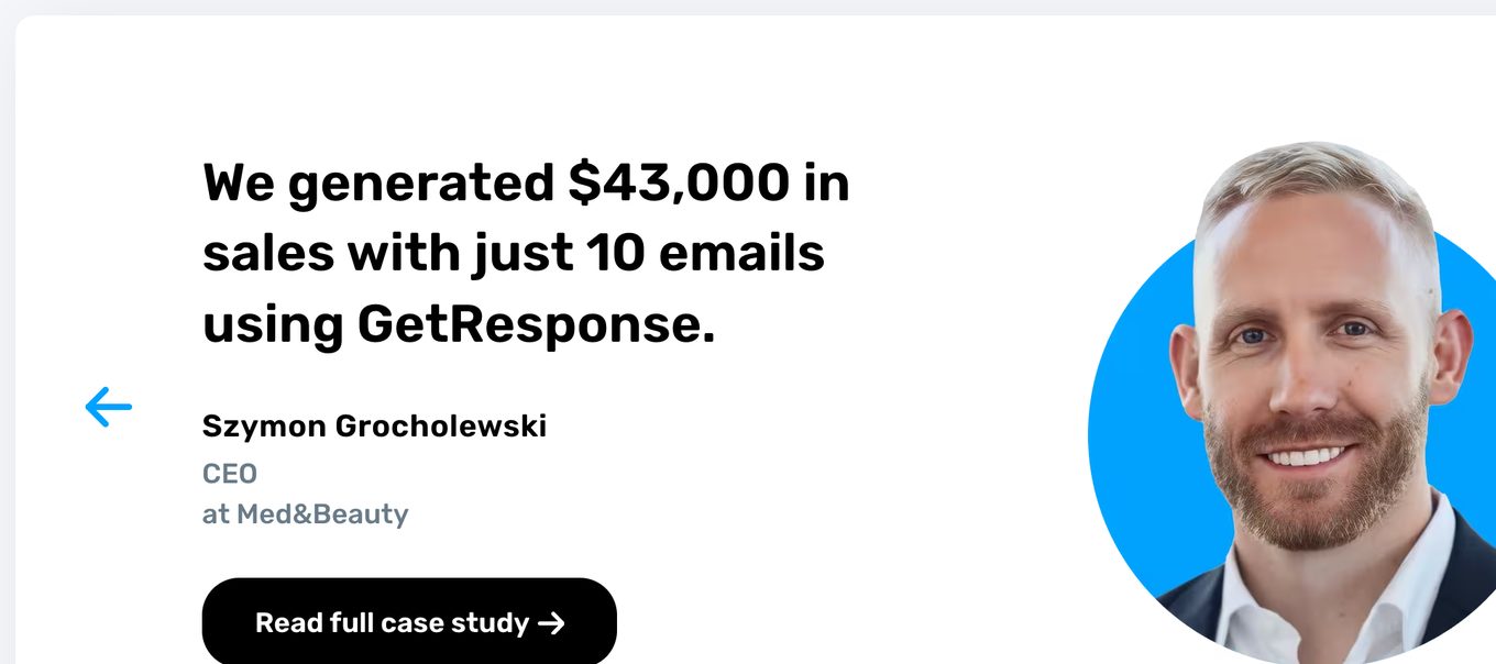 GetResponse homepage: We generated $43,000 in sales with just 10 emails using GetResponse, Szymon Grocholewski, CEO at Med&Beauty